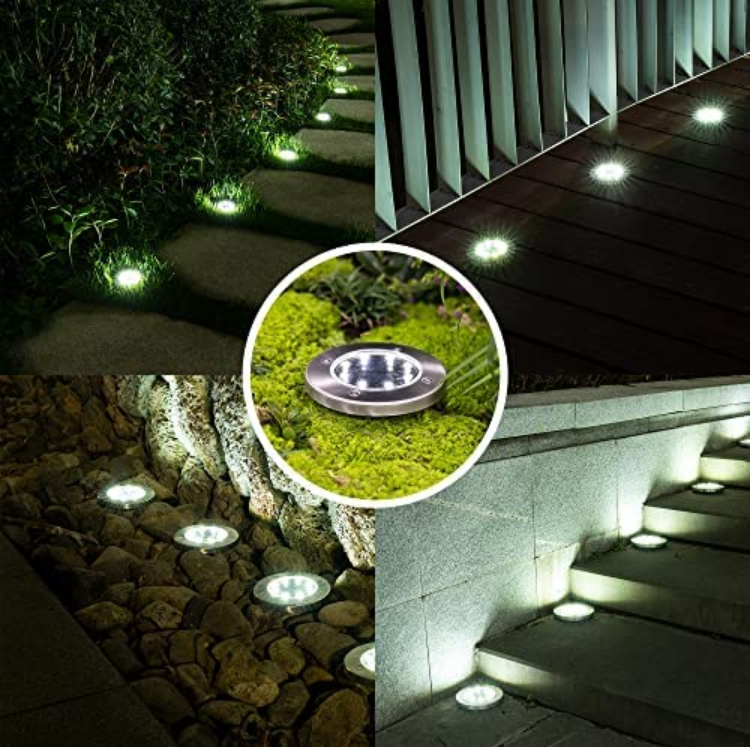 Picture of Solar Ground Lights, Disk Lights Solar Powered - 8 LED, Outdoor in-ground Solar Lights for Landscape, Walkway, Steps Decks, Waterproof (8 Warm White)