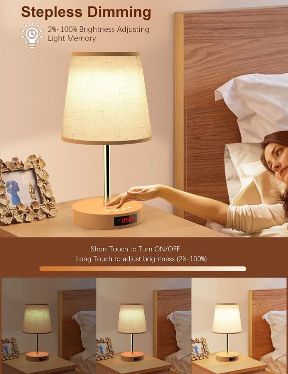 Picture of Bedside Lamps, Touch Table Lamp with Clock and Adjustable Stand, LED Nightstand Lamp with USB Type C Ports |  Wood Base for Living Room Bedroom