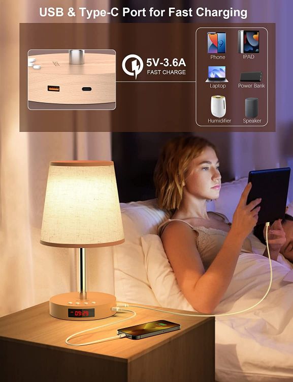 Picture of Bedside Lamps, Touch Table Lamp with Clock and Adjustable Stand, LED Nightstand Lamp with USB Type C Ports |  Wood Base for Living Room Bedroom
