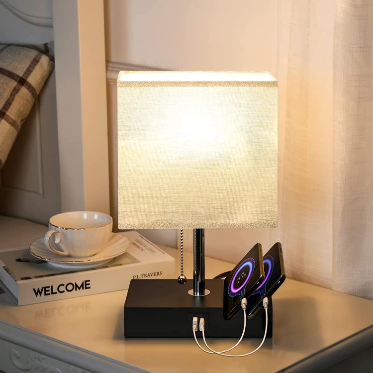 Picture of USB Table Lamp with 2 Useful USB Ports, Lamp Suitable for Nightstand Lamp or Bedroom Lamps, Grey Fabric Shade | 2 Convenient Phone Stand On The Base