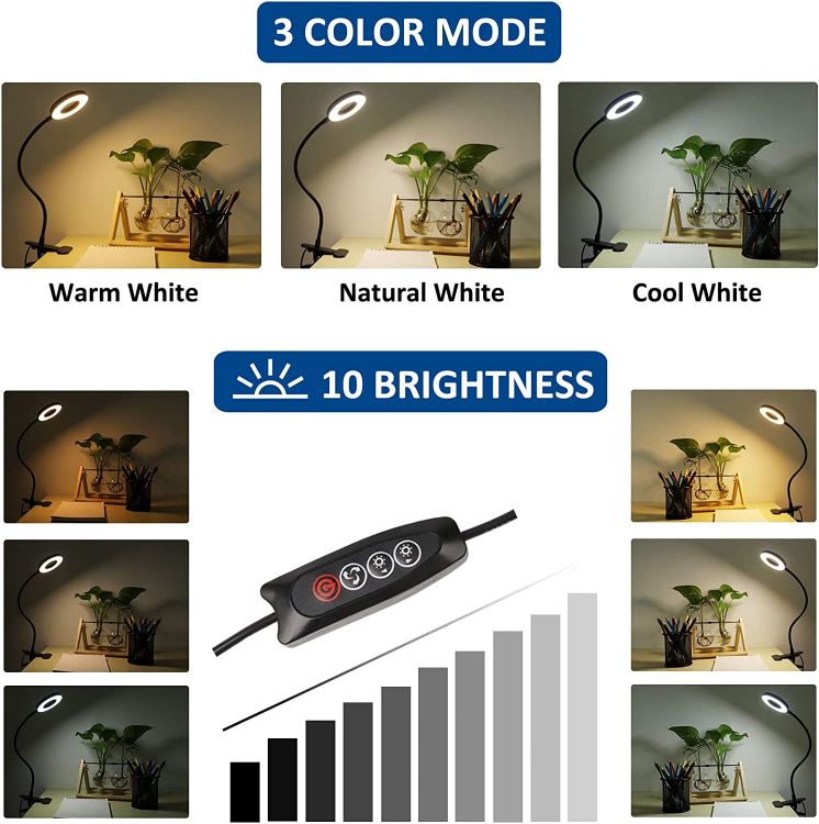 Picture of USB Reading Light, Clip-on LED Reading Light, Eye Protection Adjustable Desk Lamp/Bedside Light
