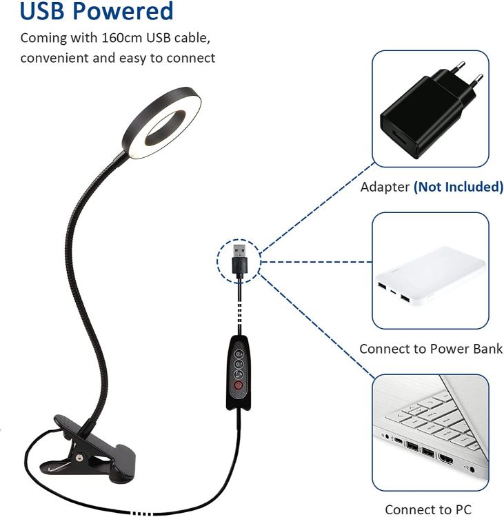 Picture of USB Reading Light, Clip-on LED Reading Light, Eye Protection Adjustable Desk Lamp/Bedside Light
