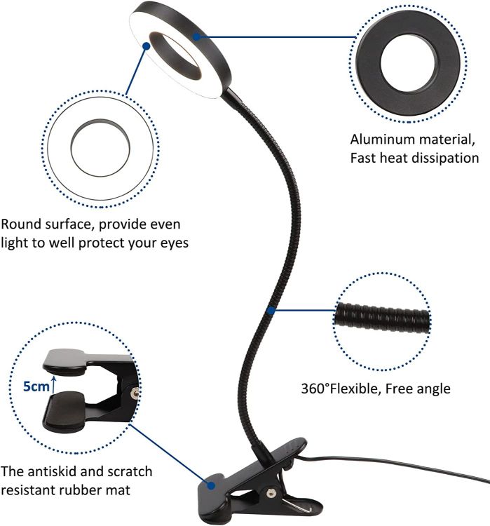 Picture of USB Reading Light, Clip-on LED Reading Light, Eye Protection Adjustable Desk Lamp/Bedside Light