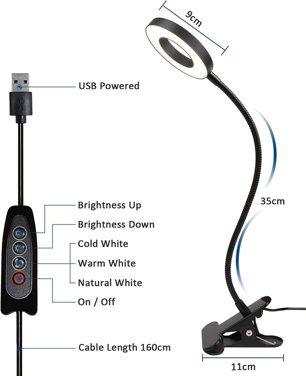 Picture of USB Reading Light, Clip-on LED Reading Light, Eye Protection Adjustable Desk Lamp/Bedside Light