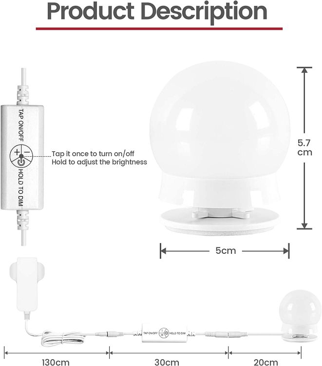 Picture of Vanity Lights for DIY Hollywood Mirror, LED Strip Lights Kit with Touch Sensor Dimmer Switch and Power Adaptor, 10 Bulbs