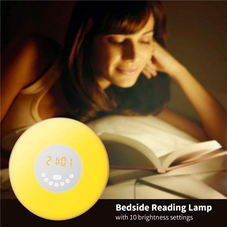 Picture of Sunrise Wake Up Lamp Alarm Clock and FM Radio, Bedside Reading Light with 7 Colours and Sounds, USB Powered