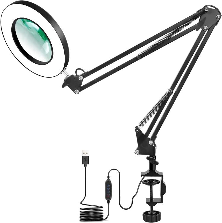 Picture of LED Magnifying Lamp with Clamp,  3 Color Modes, 5-Diopter 4.1″ Real Glass Lens, Adjustable Swivel Arm Lighted Magnifier Table Light for Reading Craft Close Work