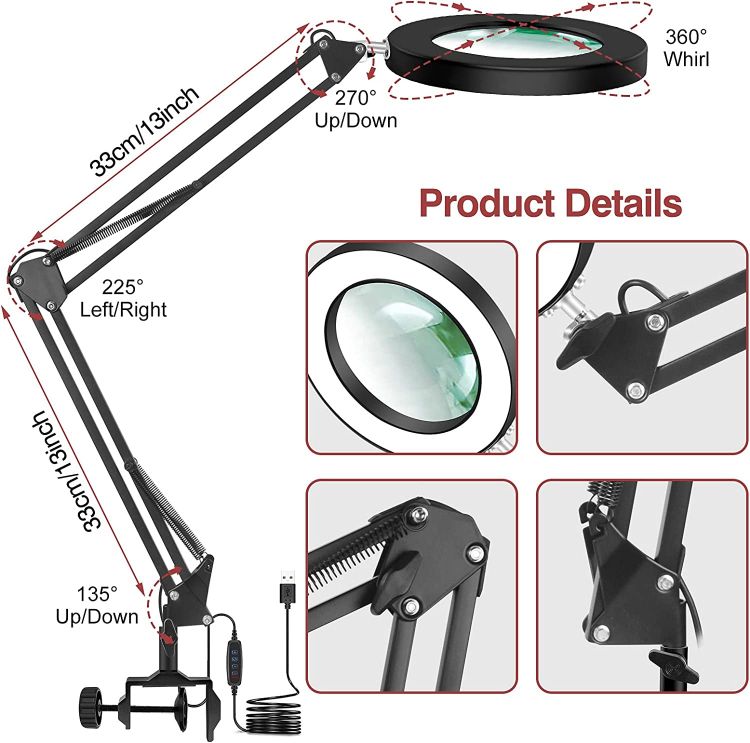 Picture of LED Magnifying Lamp with Clamp,  3 Color Modes, 5-Diopter 4.1″ Real Glass Lens, Adjustable Swivel Arm Lighted Magnifier Table Light for Reading Craft Close Work