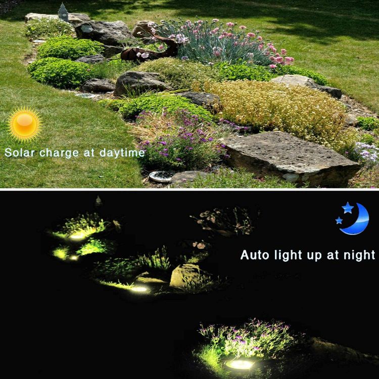 Picture of Solar Ground Lights, Disk Lights Solar Powered - 8 LED, Outdoor in-ground Solar Lights for Landscape, Walkway, Steps Decks, Waterproof (8 Warm White)