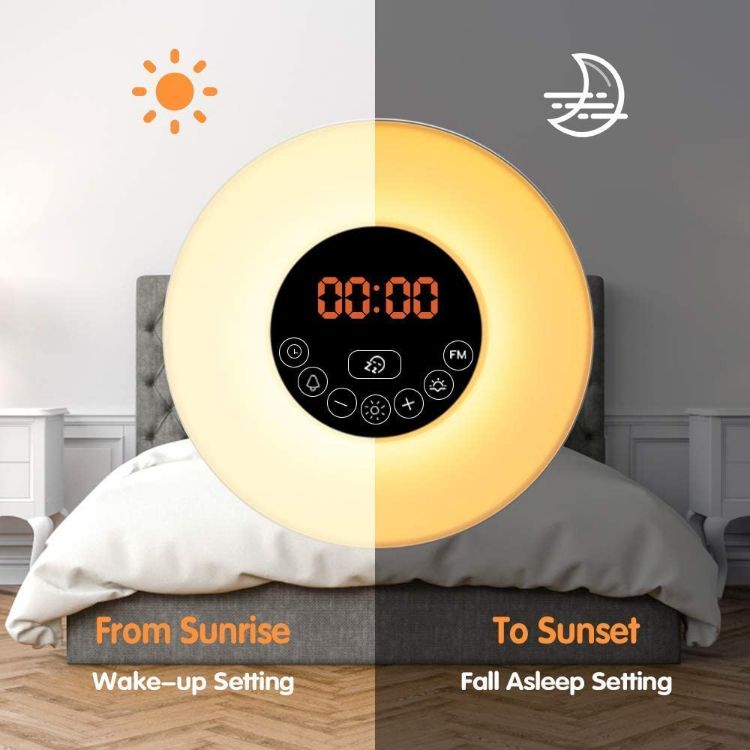 Picture of Sunrise Wake Up Lamp Alarm Clock and FM Radio, Bedside Reading Light with 7 Colours and Sounds, USB Powered