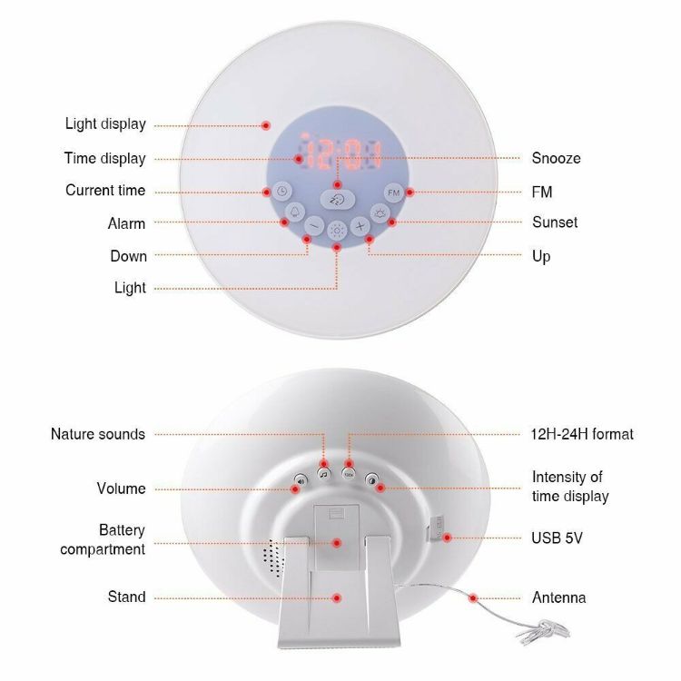 Picture of Sunrise Wake Up Lamp Alarm Clock and FM Radio, Bedside Reading Light with 7 Colours and Sounds, USB Powered