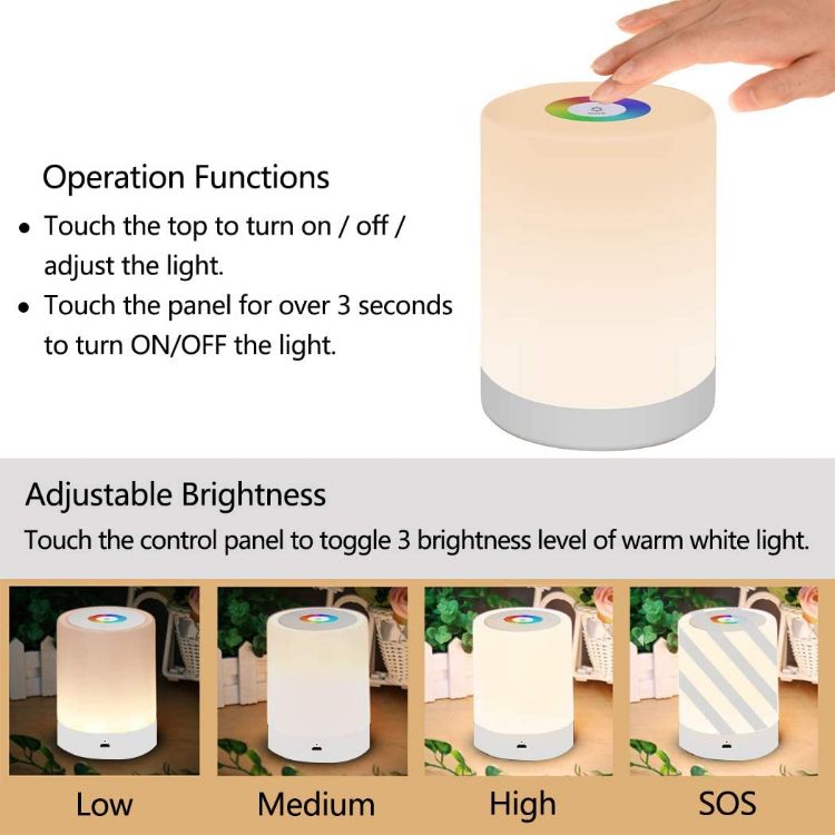 Picture of LED Night Light, Smart Bedside Lamp, Touch Control Dimmable USB Rechargable, Portable and Colour Changing RGB table lamp for Kids