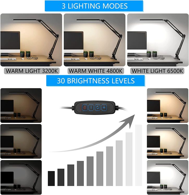 Picture of LED Desk Lamp with Clamp, Eye-Care Dimmable Reading Light, 3 Color Modes Swing Arm Lamp, USB Clip-on Table Lamp