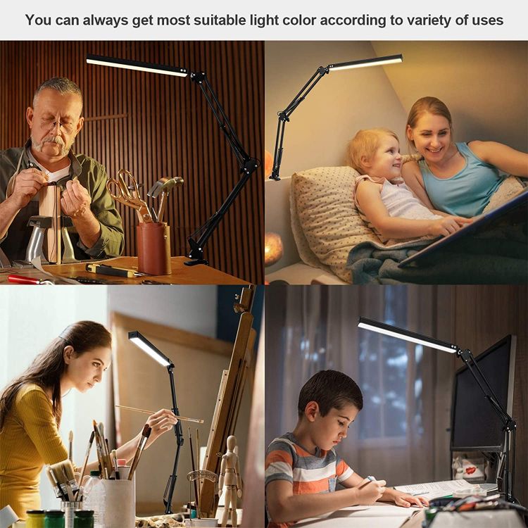 Picture of LED Desk Lamp with Clamp, Eye-Care Dimmable Reading Light, 3 Color Modes Swing Arm Lamp, USB Clip-on Table Lamp