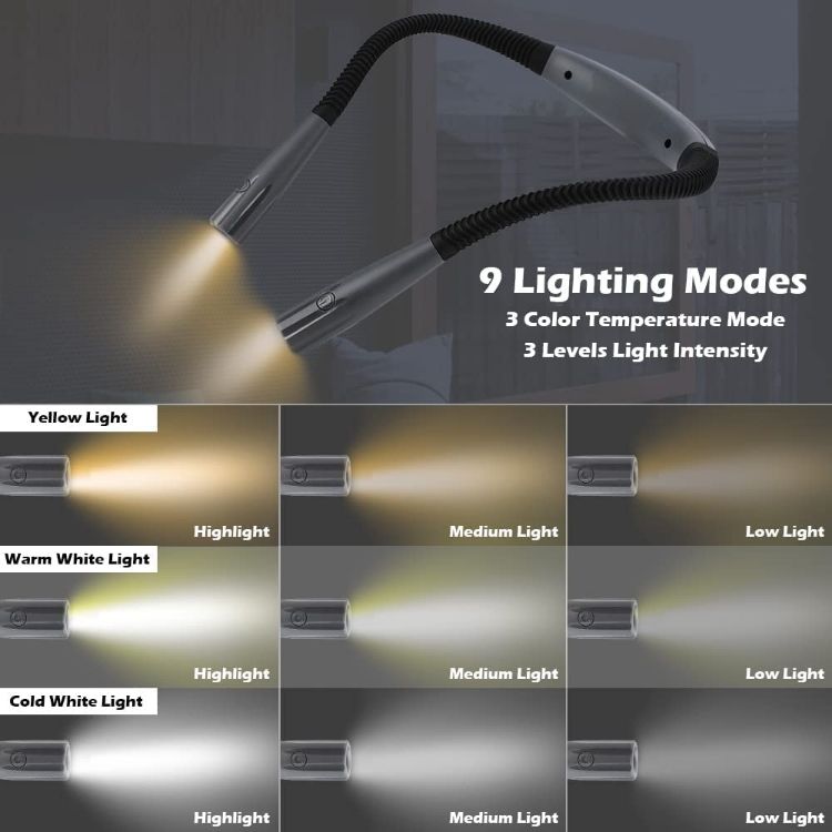 Picture of Neck Reading Light, Book Lights for Reading in Bed at Night, Rechargeable Book Light up to 80+ Hrs, 3 Colors & 6 Brightness Levels