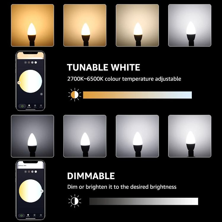 Picture of E14 Smart Bulb, Dimmable Alexa Light Bulb E14, 4.5W 380lm, 2700-6500K Warm to Cool Daylight E14 LED Candle Bulbs, Works with Alexa and Google Home, No Hub Required, Pack of 2 (2.4GHz WiFi Only)