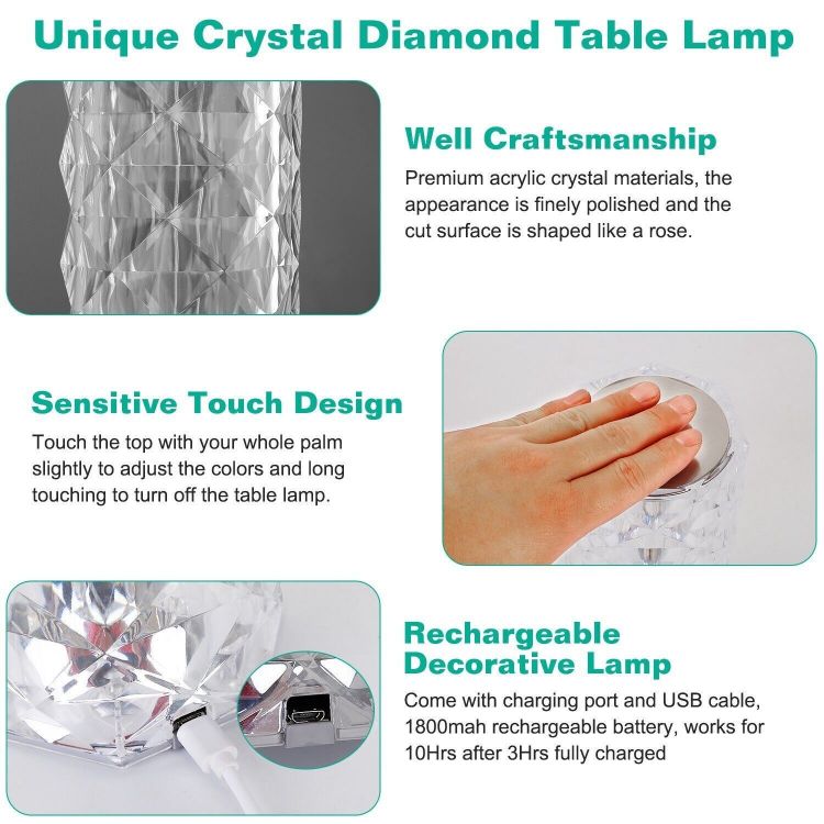 Picture of Diamond Table Lamp LED, 16 Colors USB Charging Touch Color Changing Crystal Atmosphere Desk Lamp with Remote Control
