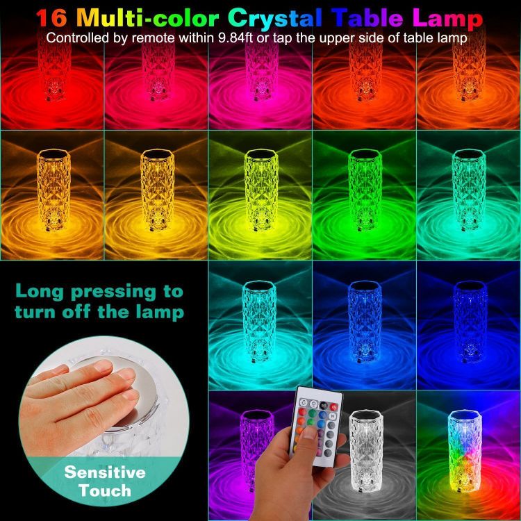 Picture of Diamond Table Lamp LED, 16 Colors USB Charging Touch Color Changing Crystal Atmosphere Desk Lamp with Remote Control