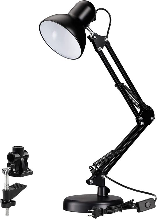 Picture of Metal Swing Arm Desk Lamp, Interchangeable Base Or Clamp, Classic Architect Clip On Study Table Lamp, Multi-Joint, Adjustable Arm, Black Finish