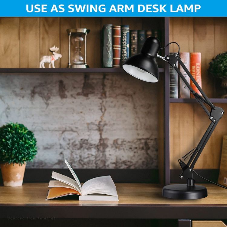 Picture of Metal Swing Arm Desk Lamp, Interchangeable Base Or Clamp, Classic Architect Clip On Study Table Lamp, Multi-Joint, Adjustable Arm, Black Finish