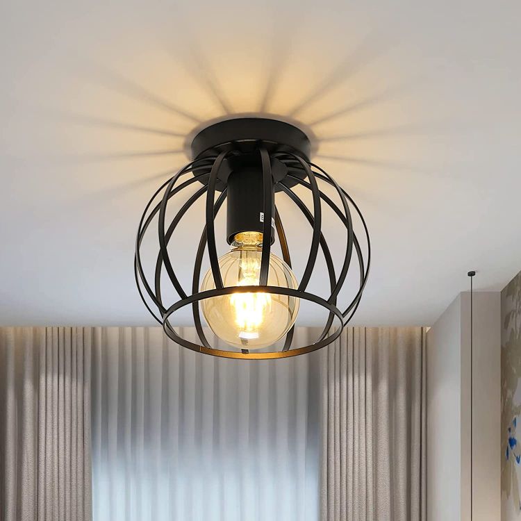 Black industrial ceiling light with open basket watermelon cage