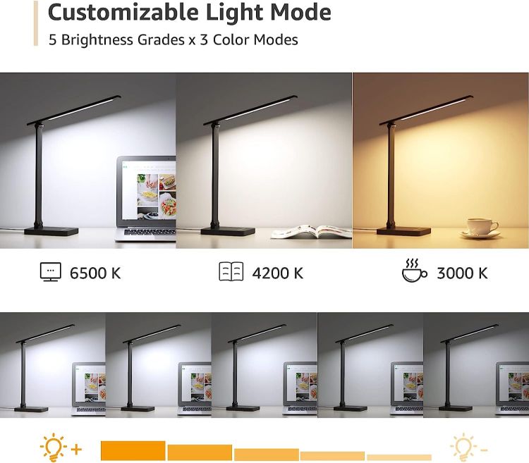 Picture of LED Desk Lamp with USB Charging Port Dimmable Home Office Lamp, 3 Color Modes with 5 Brightness Level, Eye Caring Natural Light Modern Task Lamp 