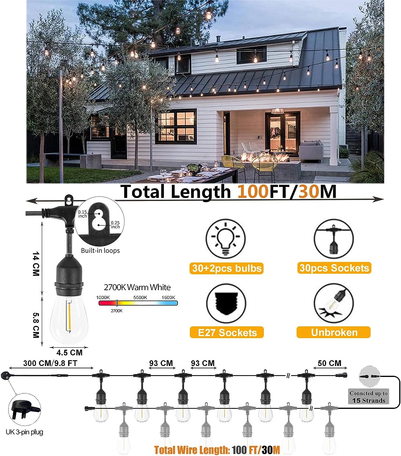 30M Festoon String Lights – 100FT, 32 Shatterproof Bulbs, 2700K Outdoor ...