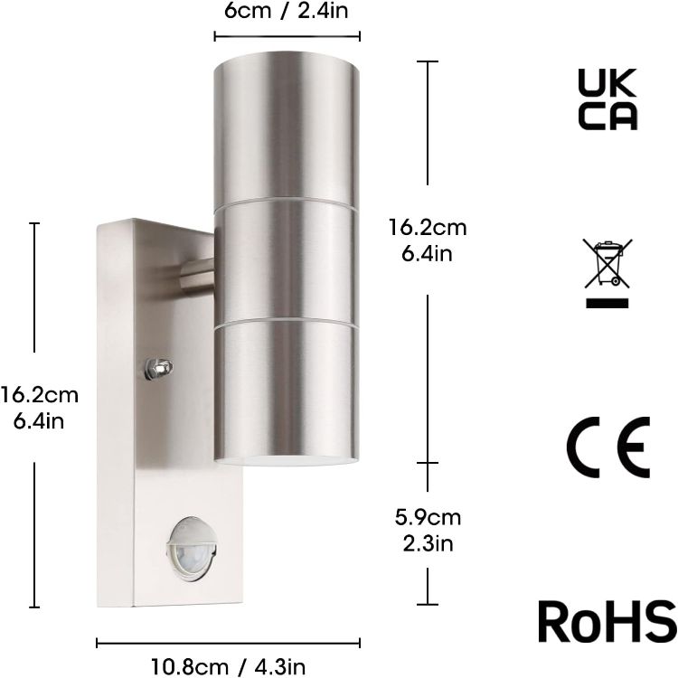 Outdoor stainless steel wall light with GU10 fitting and motion sensor