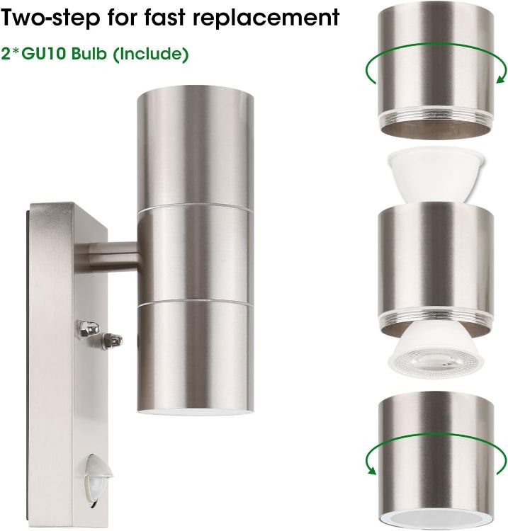 Picture of Stainless Steel Up Down Outdoor Wall Light with PIR Sensor, IP44 Waterproof Exterior Lamp for Garden & Patio, GU10 Bulb Fitting