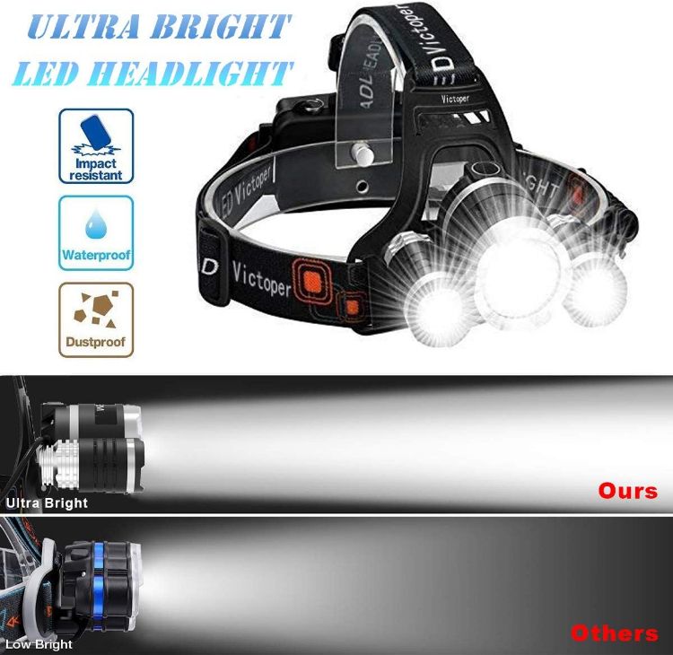 Picture of Head Torch Rechargeable – 6000 Lumen Head Torches LED Super Bright Rechargeable Headlight 3 LEDs 4 Modes Headlamp Hands-Free Flashlight for Camping Fishing Cycling Hiking Waterproof