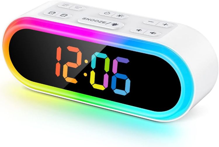 Picture of Dual Alarm Clock,7 Wake Up Soothing Sounds,Weekday/Weekend, RGB Night Light, Dimmable, Snooze, Mains Powered, Auto-Off Timer