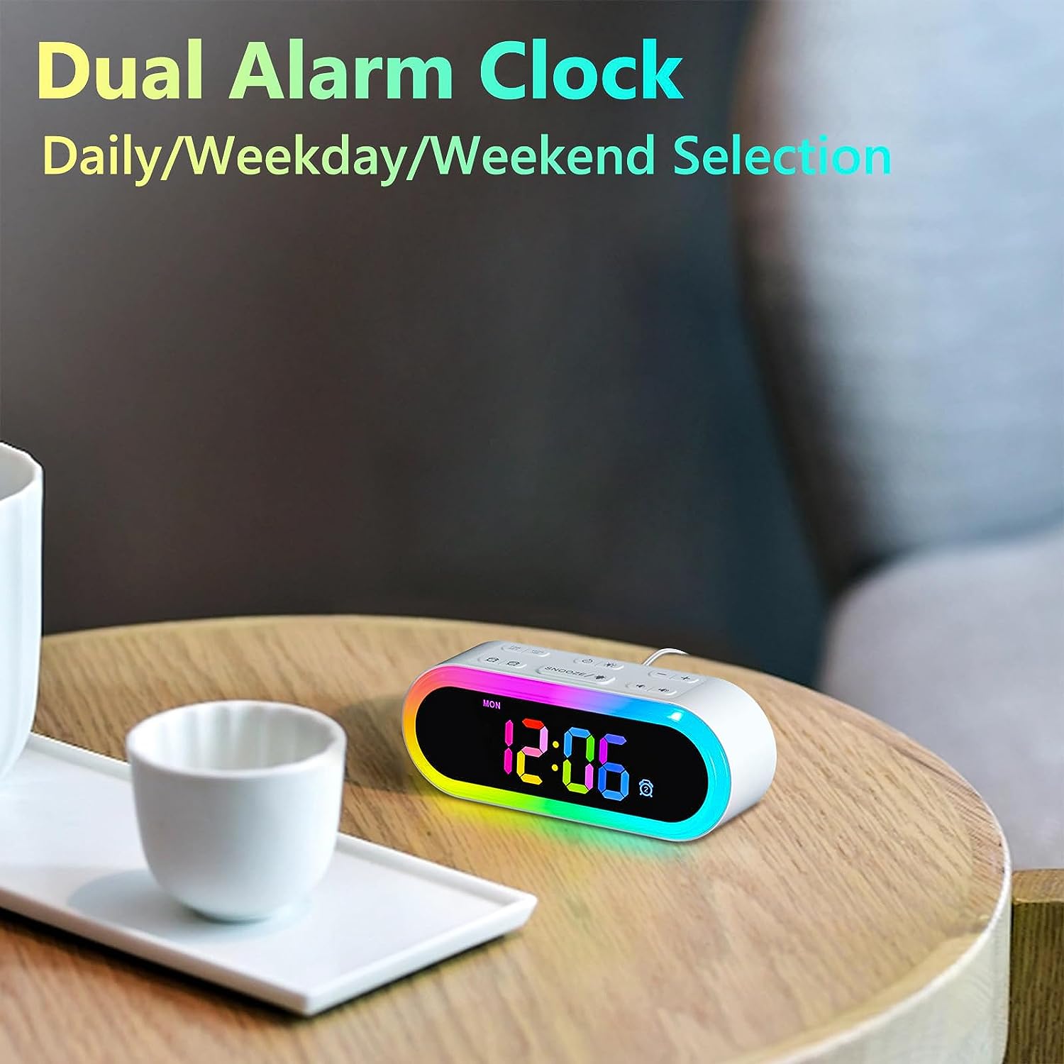 Dual Alarm Clock,7 Wake Up Soothing Sounds,Weekday/Weekend, RGB Night Light