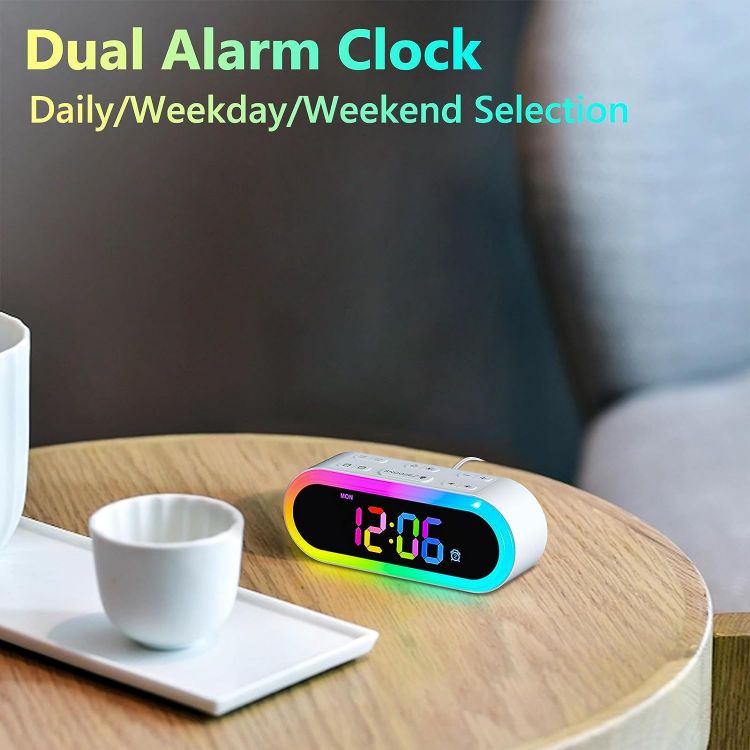 Picture of Dual Alarm Clock,7 Wake Up Soothing Sounds,Weekday/Weekend, RGB Night Light, Dimmable, Snooze, Mains Powered, Auto-Off Timer