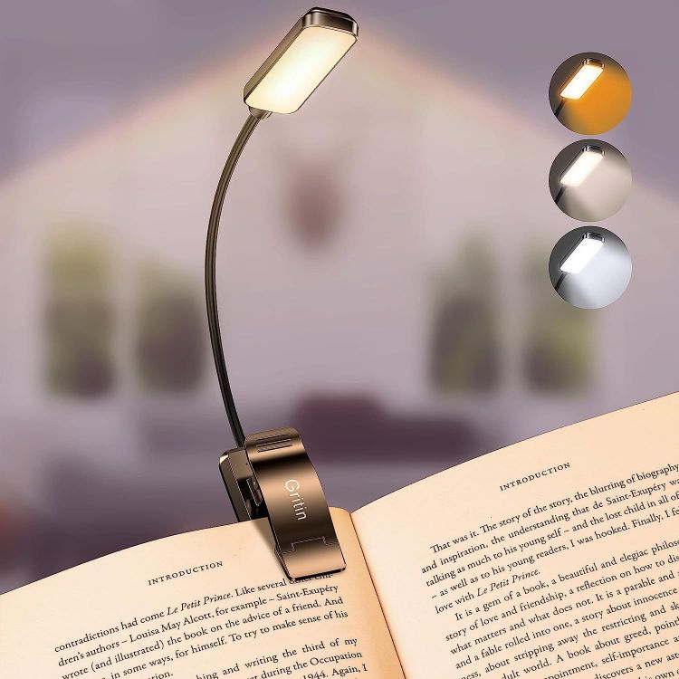 Picture of 9 LED Book Light, 3 Eye-Protecting Modes Reading Light Book Lamp (Warm&Cool White Light) -Stepless Dimming, Rechargeable, Long Battery Life, 4-Level Power Indicator, Flexible Clip on Book Light