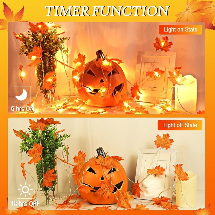 Picture of Maple Leaves Fairy Lights, 3M 20LED Autumn Fall String Lights Battery Operated with Timer, Fall Leaf Garland Light for Halloween Themed Party, Pumpkin, Christmas Indoor Outdoor Decoration