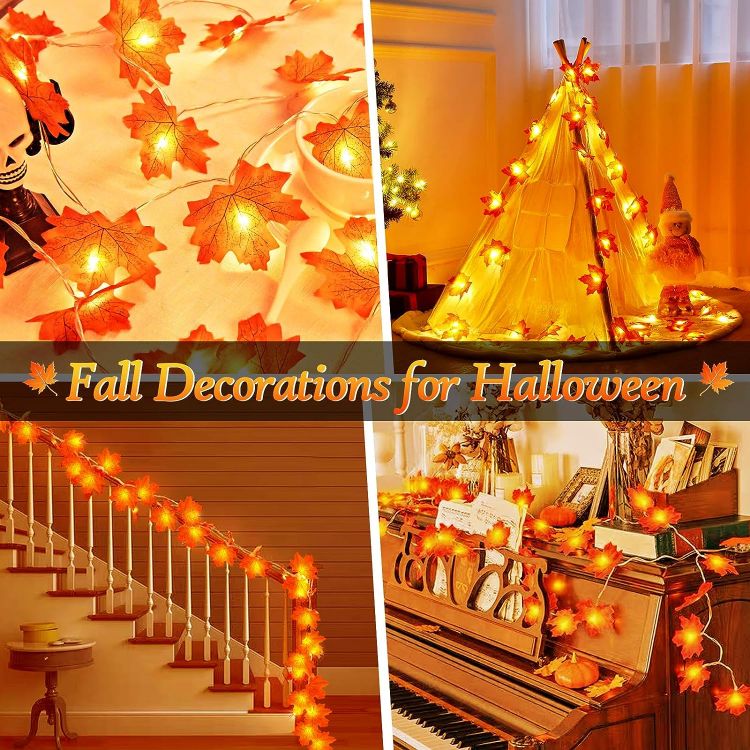Realistic orange yellow maple leaf fairy lights with timer