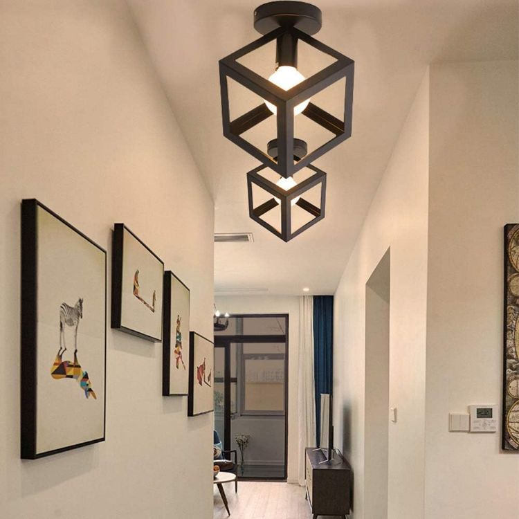 Picture of Retro Cube Chandelier Vintage Antique Ceiling Lamp Iron Metal Ceiling Light Black