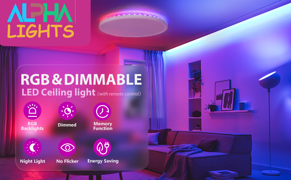 Led Ceiling Light Dimmable 24w 3200lm Bathroom Lights Ceiling with Remote Control Rgb Color Changing