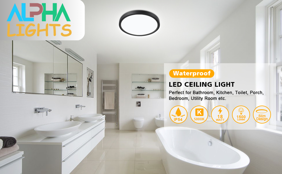 Bathroom Ceiling Light 24w 2200lm 150w Equivalent 5000k Daylight White Waterproof Ip54 Dome Modern F