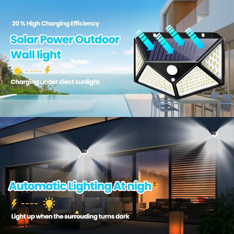 Picture of Outdoor Solar Lights Garden 100 LED Solar Security Lights 3 Modes Motion Sensor Wall Lights Outdoor 270º Wireless Solar Powered Flood Lights