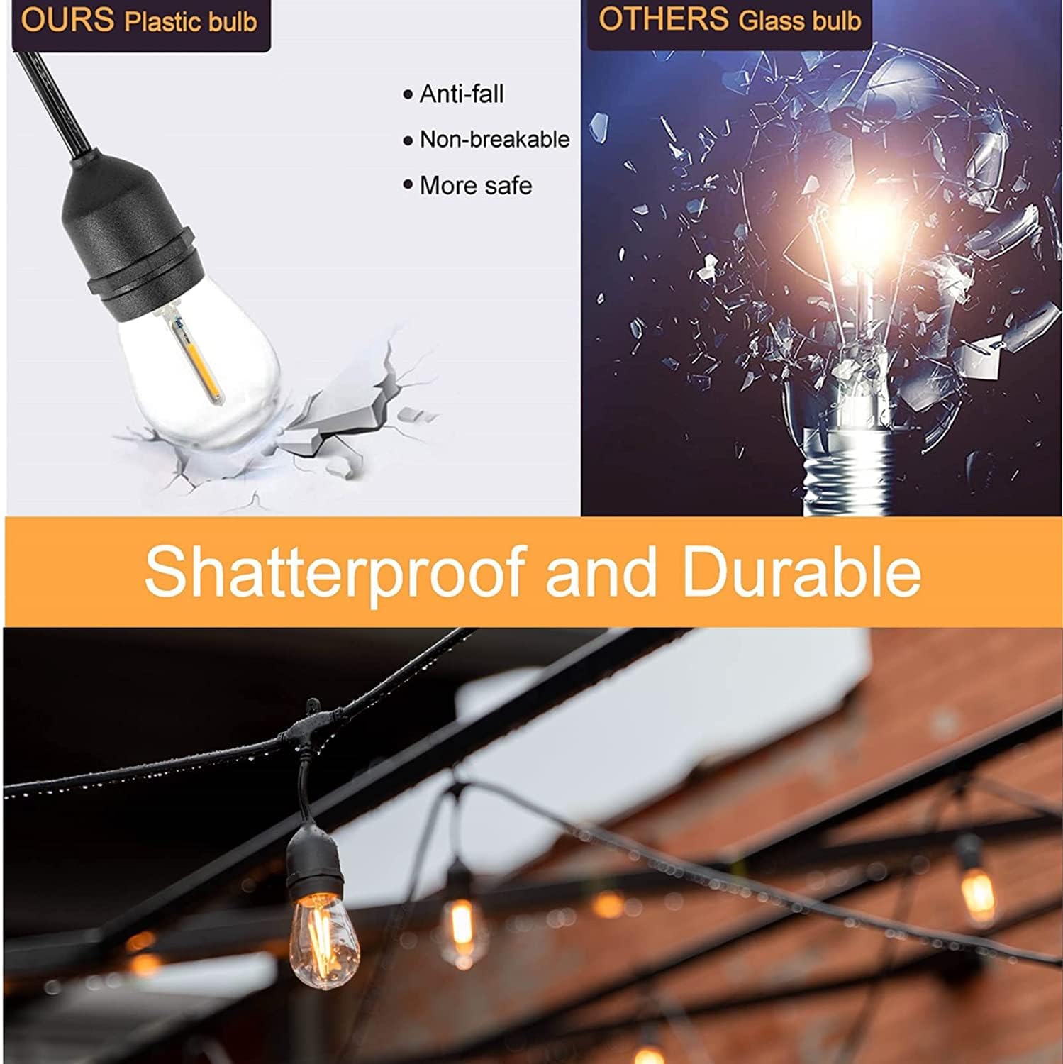  Outdoor Lights Mains Powered, 48FT LED S14 Garden Festoon Lighting with 15 LED Bulbs, Shatterproof Festoon Lights