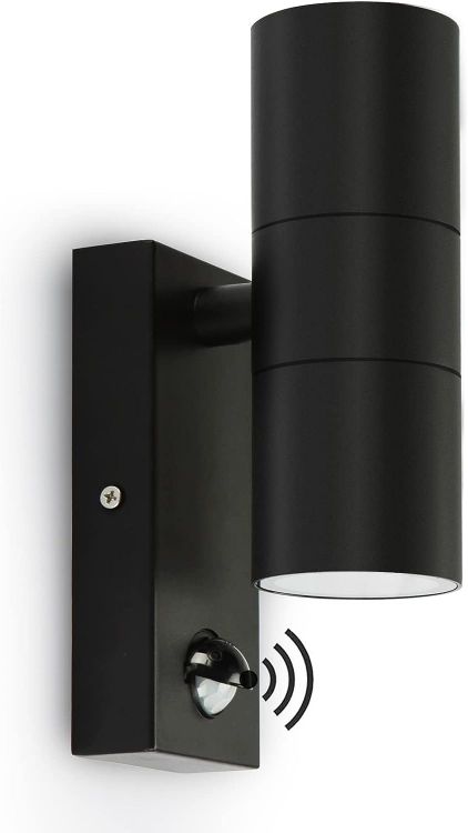 Picture of Outdoor Wall Lights, Up and Down Lamp with Motion Sensor, IP44 Black Stainless Steel Outside Lighting Mains Powered Fixtures