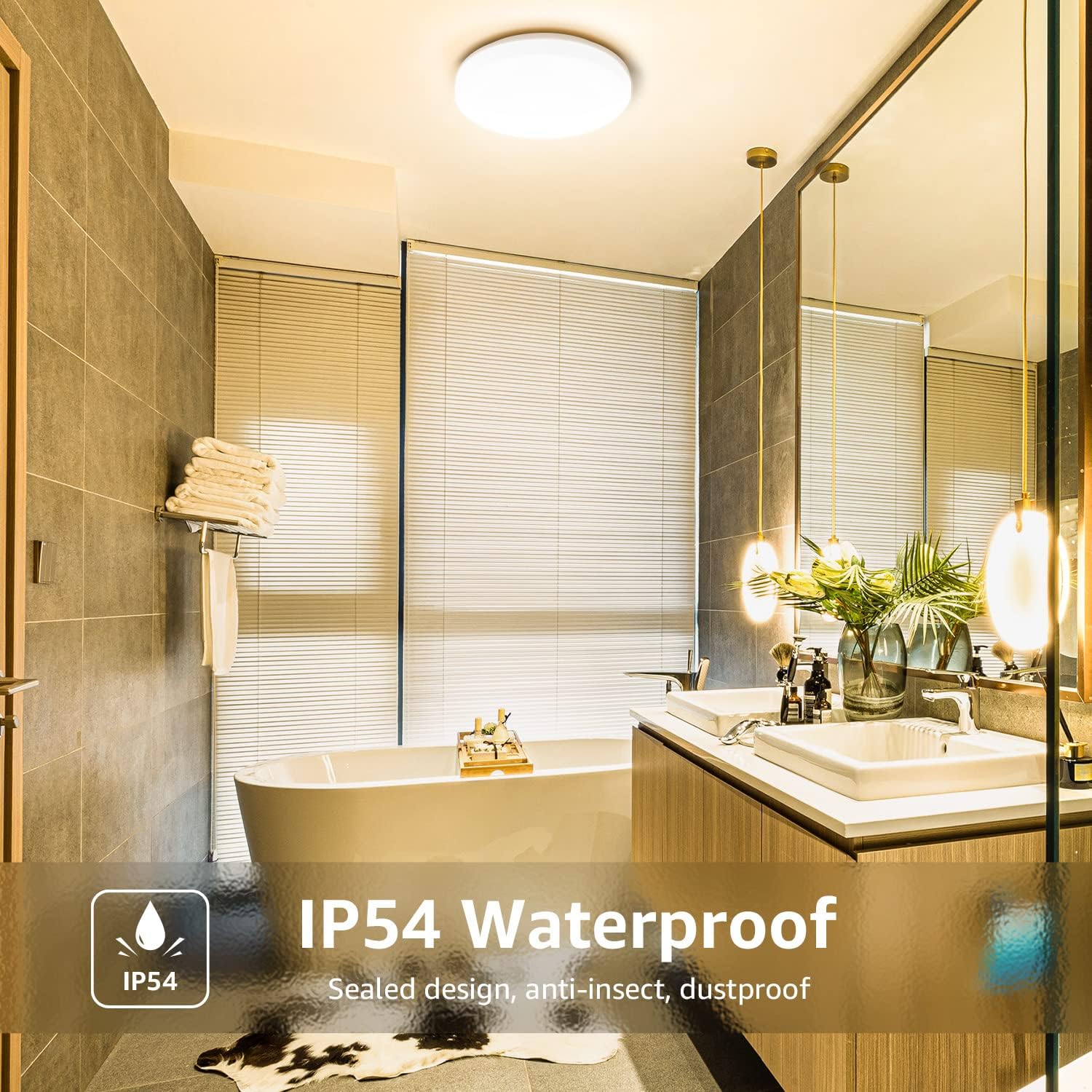 Bathroom Light Warm White, 15W 1500 Lumen Waterproof Ceiling Lights