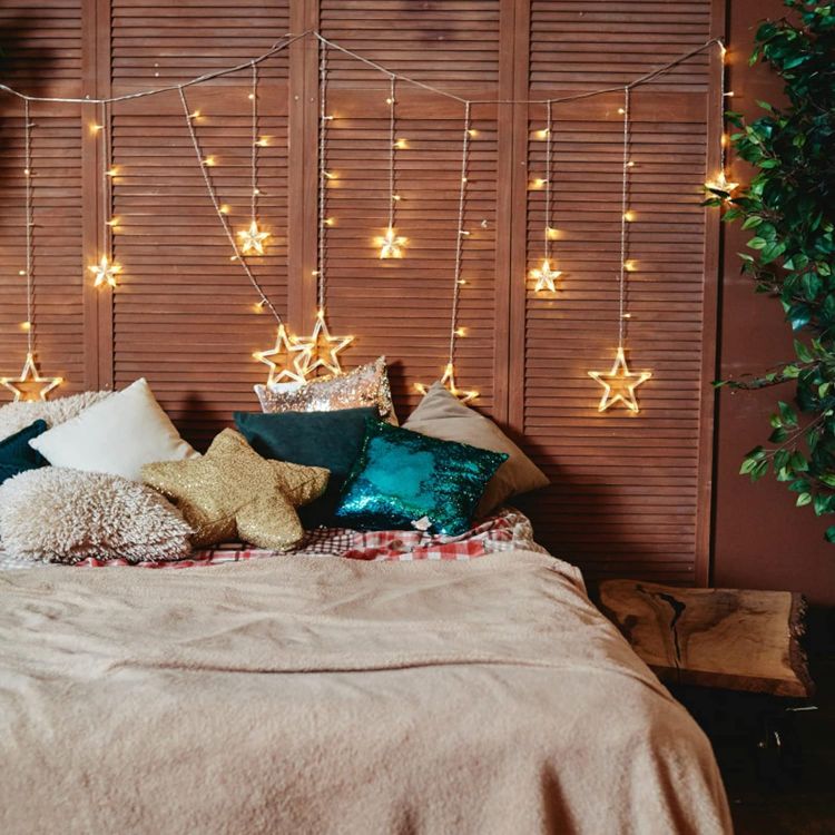 Picture of LED Stars Curtain Lights,12 Stars 138 Window Curtain String Lights with 8 Flashing Modes Decoration for Christmas, Wedding, Party,Wall, Home Decorations,USB/Battery Powered (Warm White)