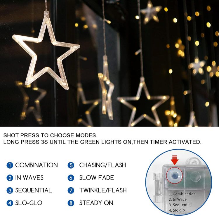 Picture of LED Stars Curtain Lights,12 Stars 138 Window Curtain String Lights with 8 Flashing Modes Decoration for Christmas, Wedding, Party,Wall, Home Decorations,USB/Battery Powered (Warm White)