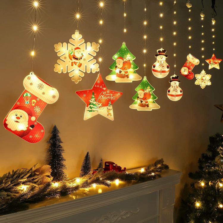 Picture of Christmas Curtain Lights 3m x 0.65m USB Window Lights Christmas Decor LED Fairy Lights String for Bedroom Indoor Hanging Lights Star Snowflake Snowman Xmas Tree Stockings Home Decorations