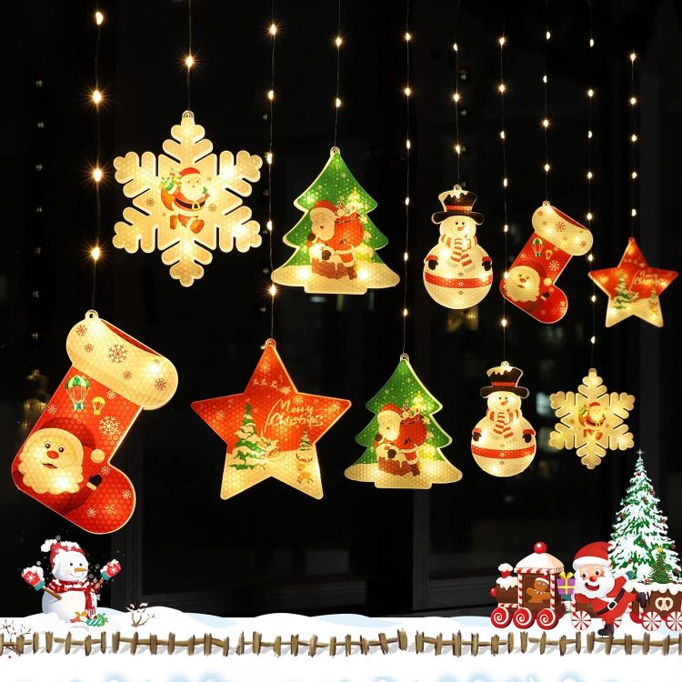 Picture of Christmas Curtain Lights 3m x 0.65m USB Window Lights Christmas Decor LED Fairy Lights String for Bedroom Indoor Hanging Lights Star Snowflake Snowman Xmas Tree Stockings Home Decorations