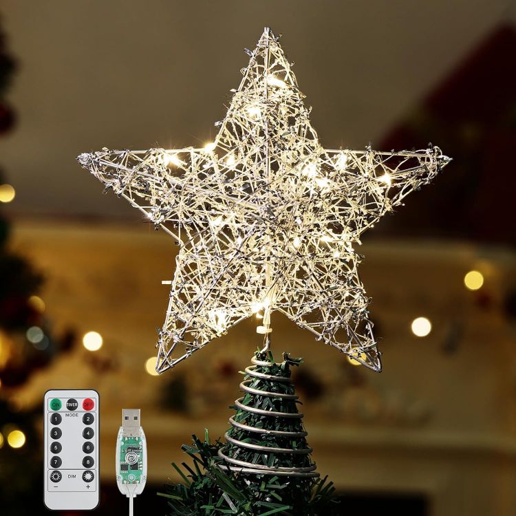 Picture of Star Tree Topper with 8 Lighting Modes, USB Christmas Star Treetop with Timer Decorative Light with Silver Strip, 20 LED Light Xmas Metal Wire Tree Top Ornament for Home Decor Indoor Outdoor