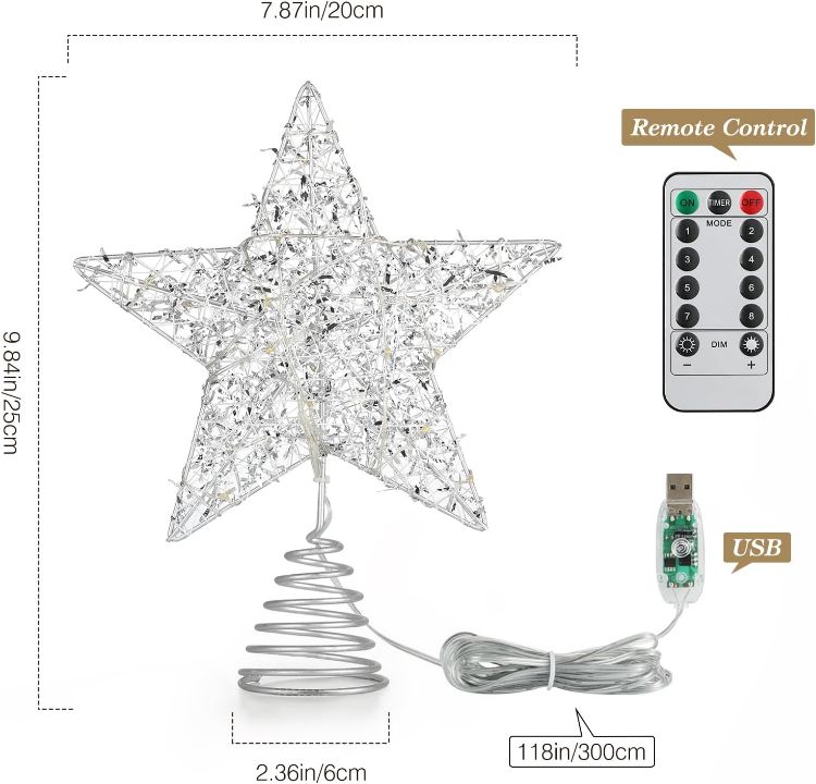 Picture of Star Tree Topper with 8 Lighting Modes, USB Christmas Star Treetop with Timer Decorative Light with Silver Strip, 20 LED Light Xmas Metal Wire Tree Top Ornament for Home Decor Indoor Outdoor