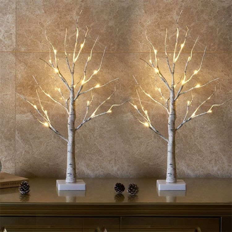 Picture of Set of 2 Small Birch Twig Tree Lights Photo Display Tree with 24 Warm White LEDs Battery Operated Tabletop Decoration for Xmas Home Party Wedding (60cm/2ft)
